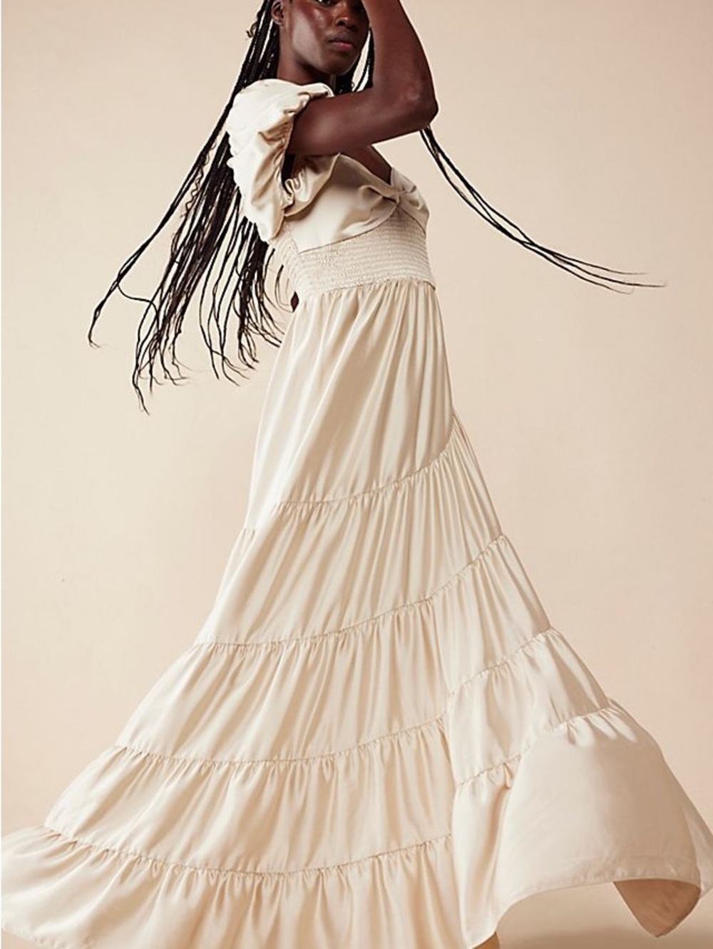 Free People Sun Drenched Tiered Maxi Dress Champagne Color Medium Glam Shimmer